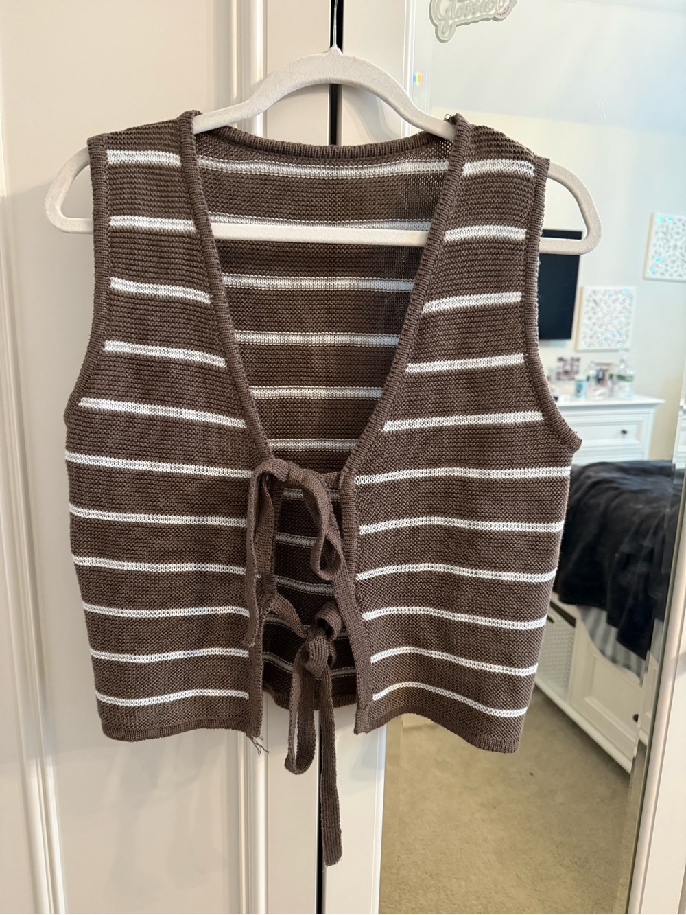 Striped Knit Lace-Up Cropped Vest in Brown & White